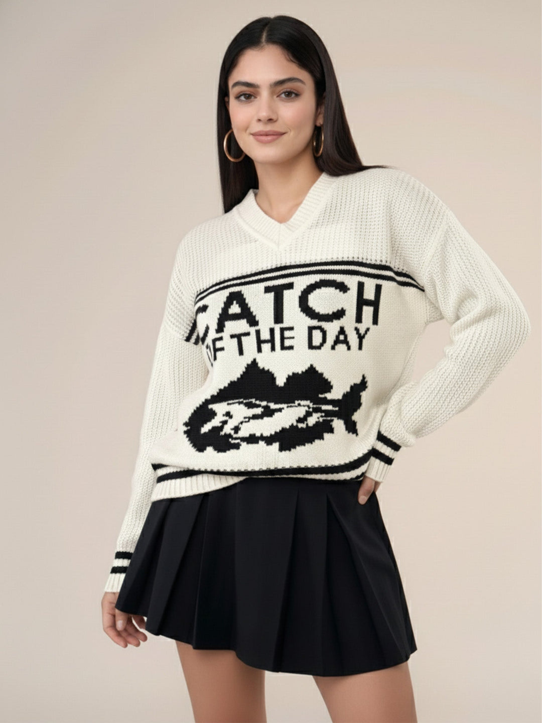 Off White V Neck Graphic Sweater