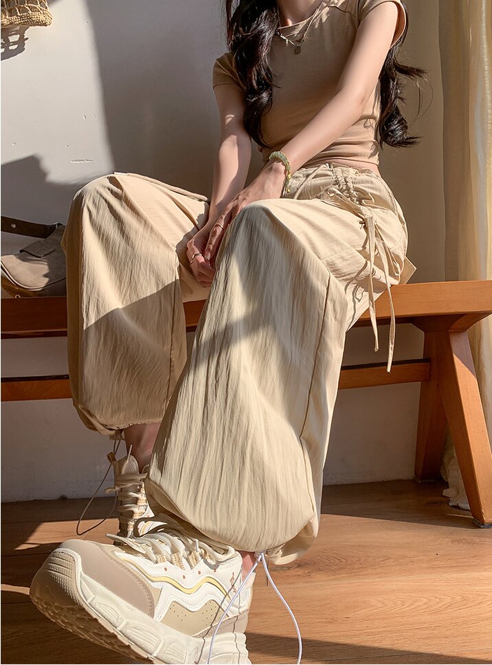 Beige Wide Leg Drawstring Parachute Pants