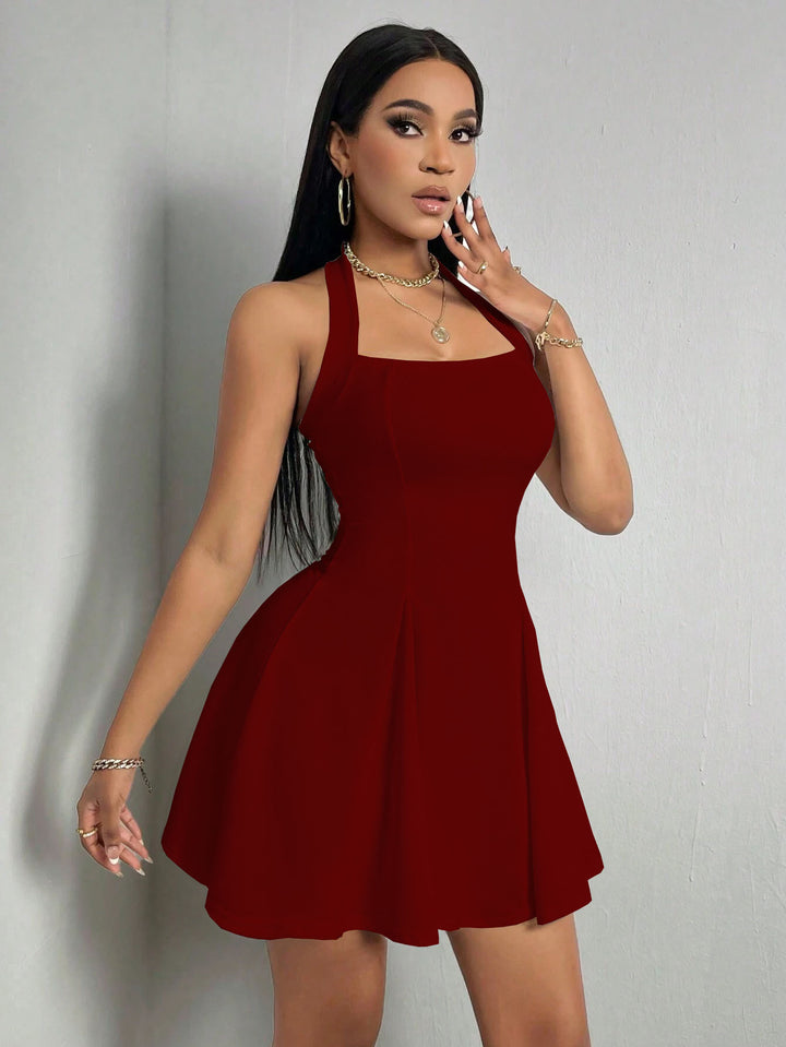 Wine Halter Neck Fitted Dress