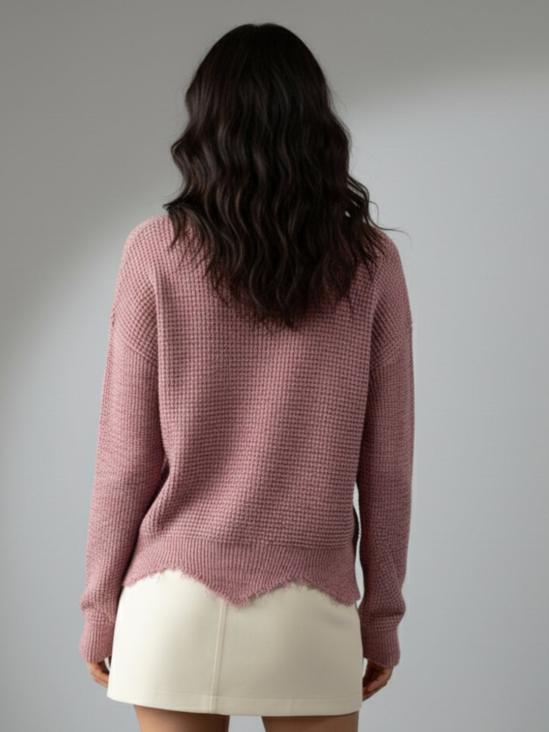 Pink Full Sleeve Crew Neck Fringe Hem Sweater