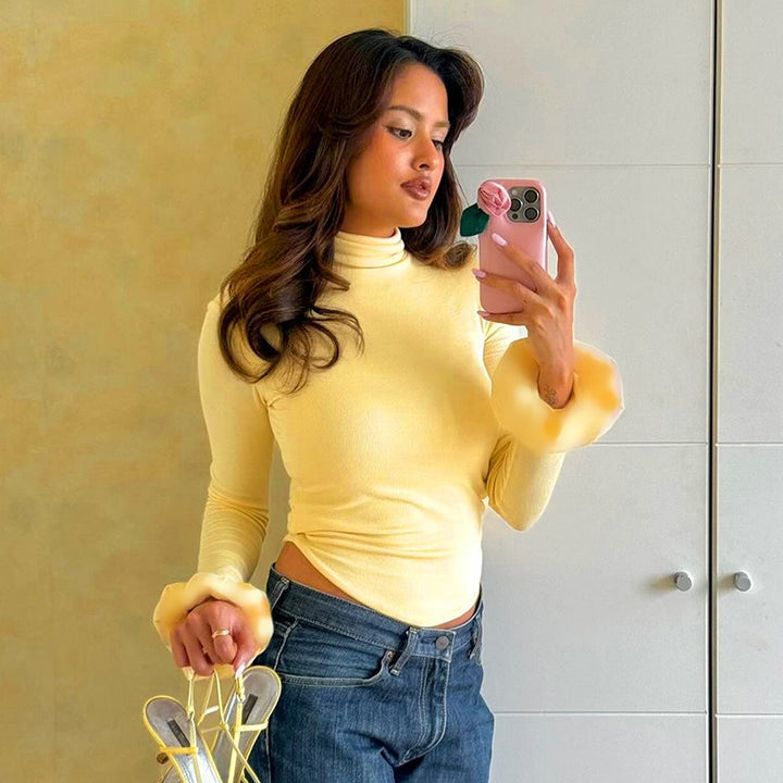 Yellow High Neck Round Hem Fitted Top