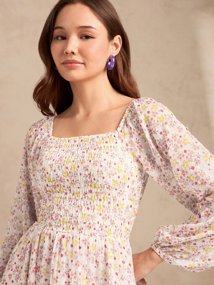White Full Sleeves Printed Maxi Dress