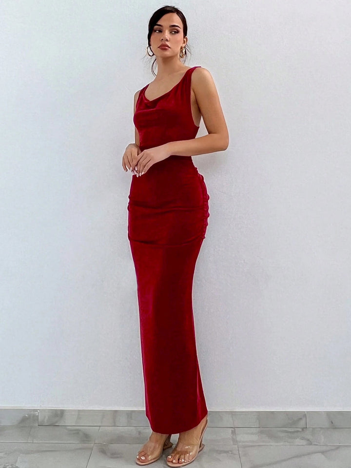 Red Scoop Neck Fit And Flare Velour Dress