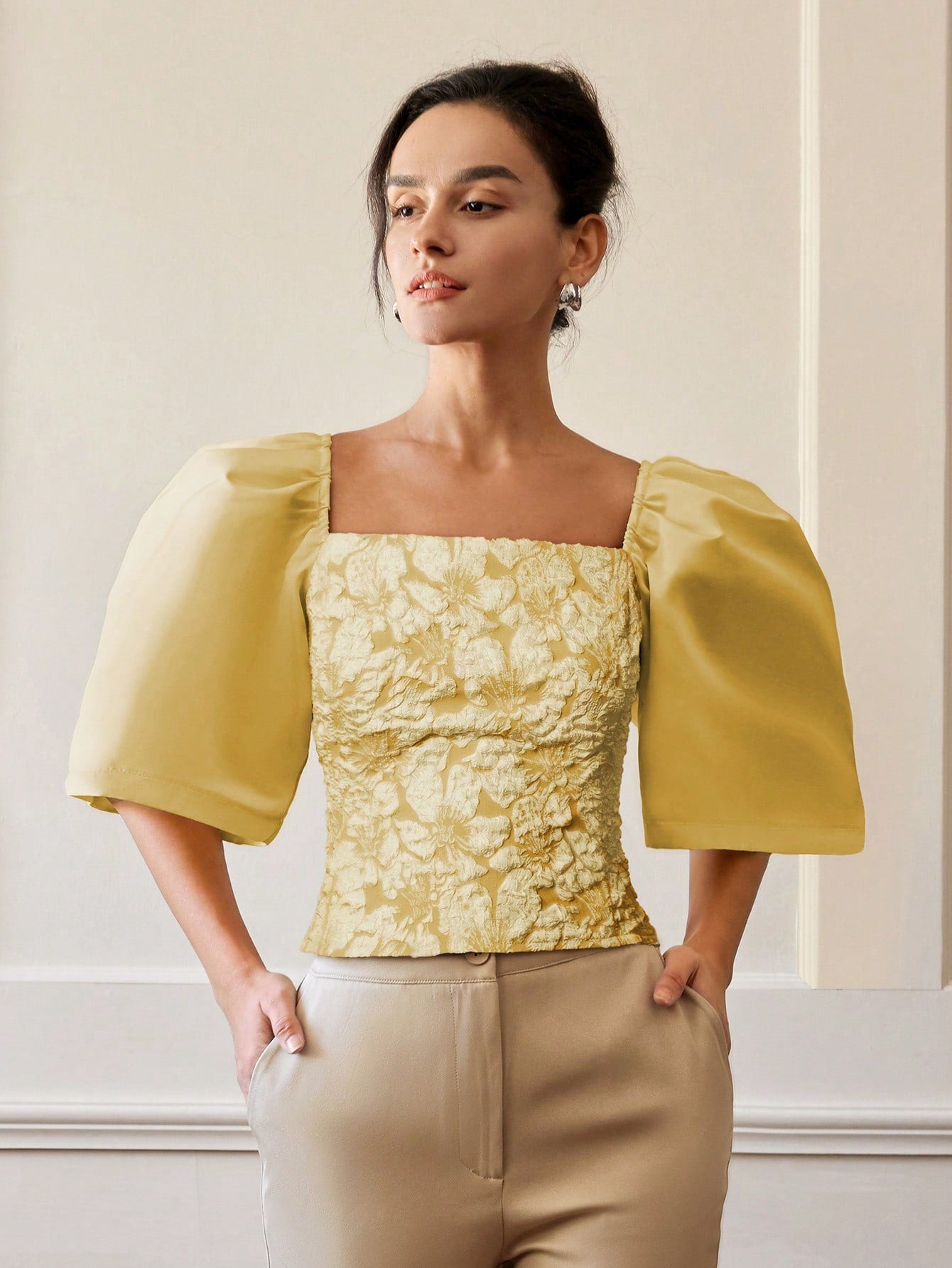 Yellow Floral Textured Fitted Top