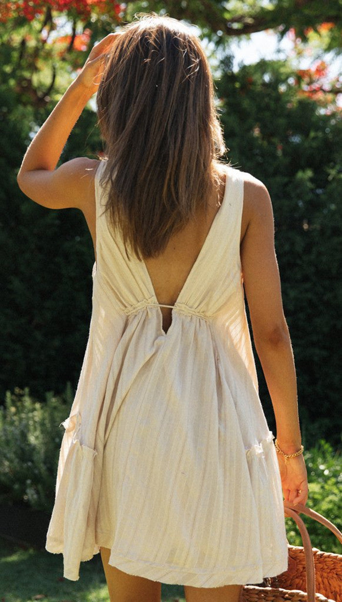 Cream Plunge Neck Flowy Mini Dress
