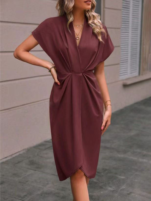 Maroon Short Sleeve V Neck Waist Tie-Up Dress