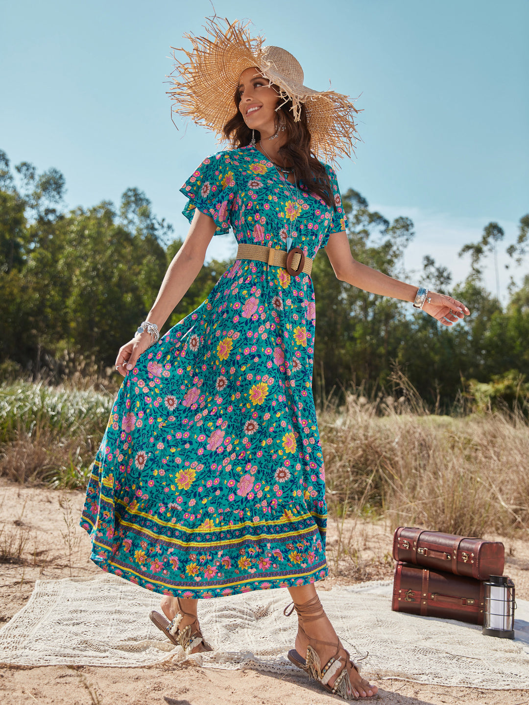 Blue Floral Print Maxi Dress