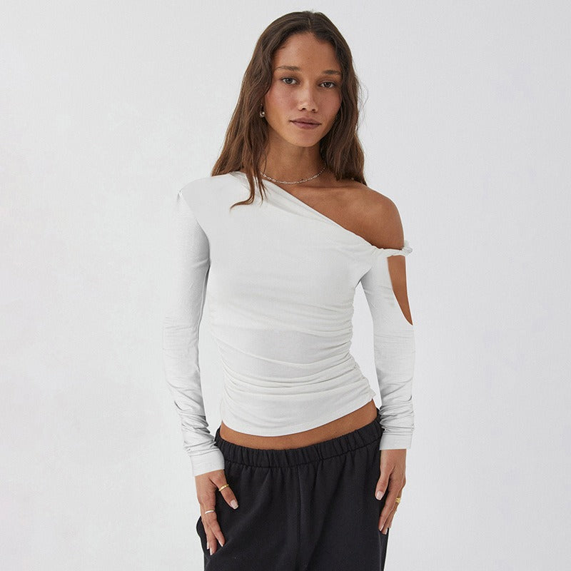 White One Shoulder Full Sleeves Fitted Top