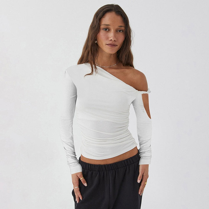 White One Shoulder Full Sleeves Fitted Top