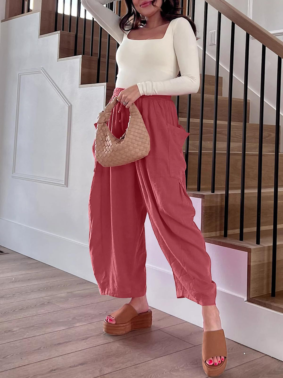 Pink Wide Leg Casual Cargo Pants