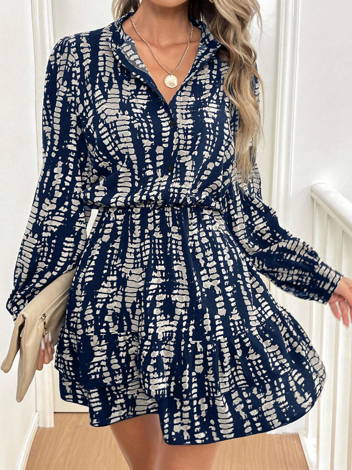 Navy Printed Cinched At Waist Mini Dress