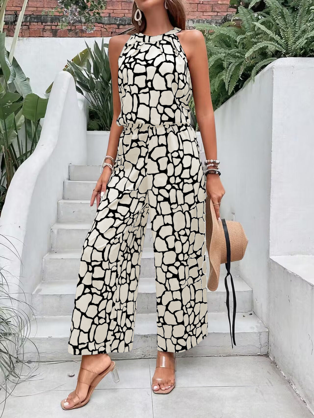 White Printed Sleeveless Jumpsuit
