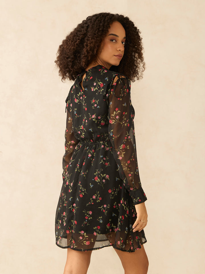 Black Floral Sheer Fit & Flare Mini Dress