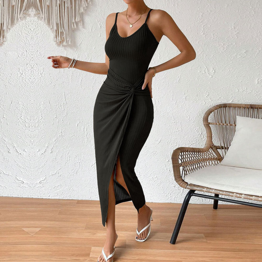 Black Sleeveless Waist Twisted Dress