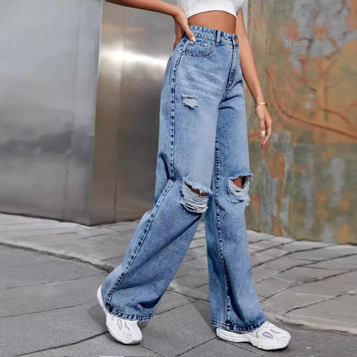 Navy Blue Distressed Straight Jeans