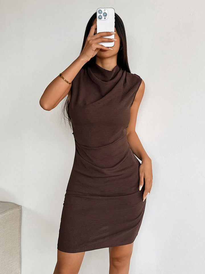 Brown Cowl Side Ruched Dress