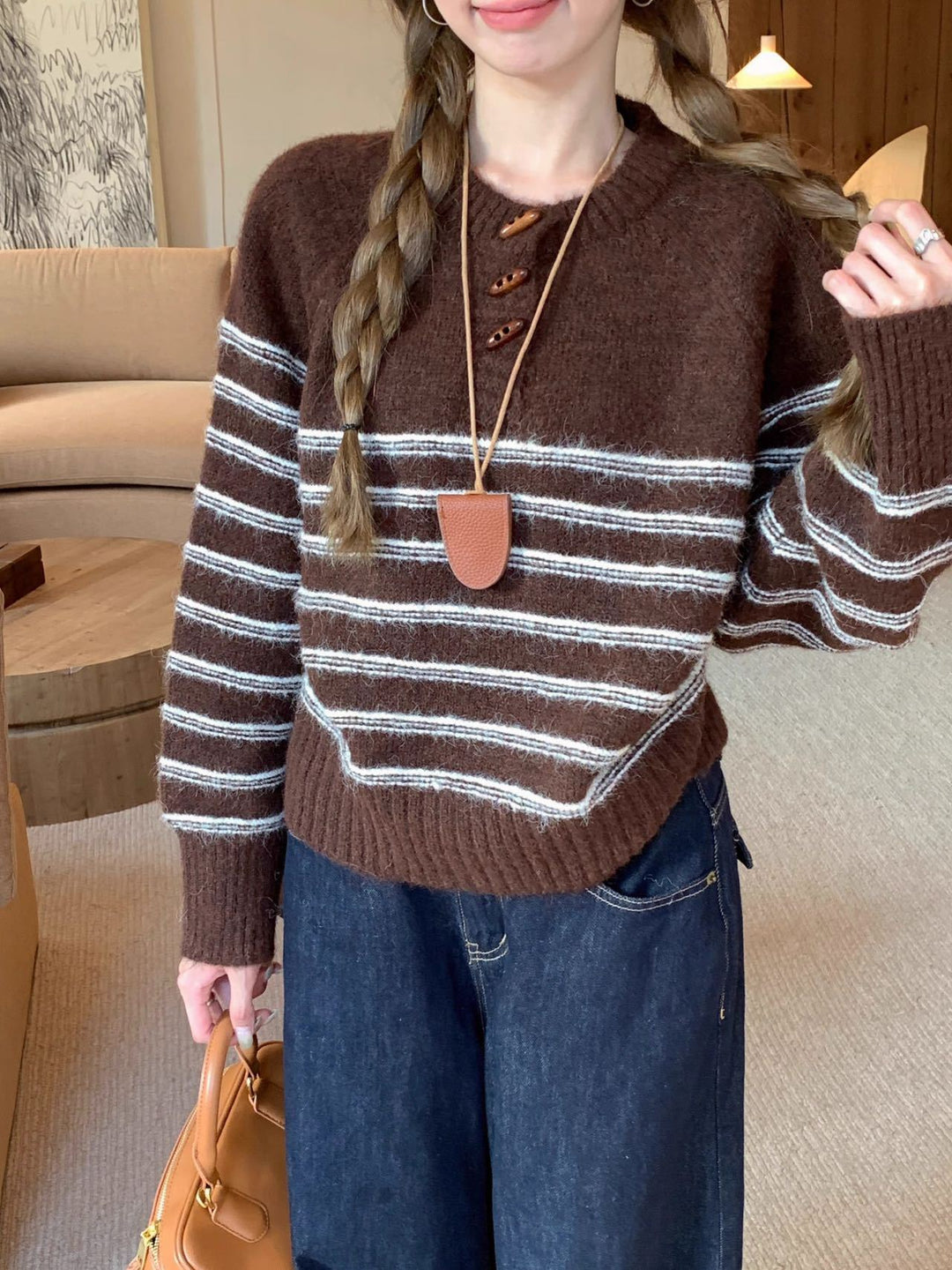 Brown Full Sleeve Striped Sweater