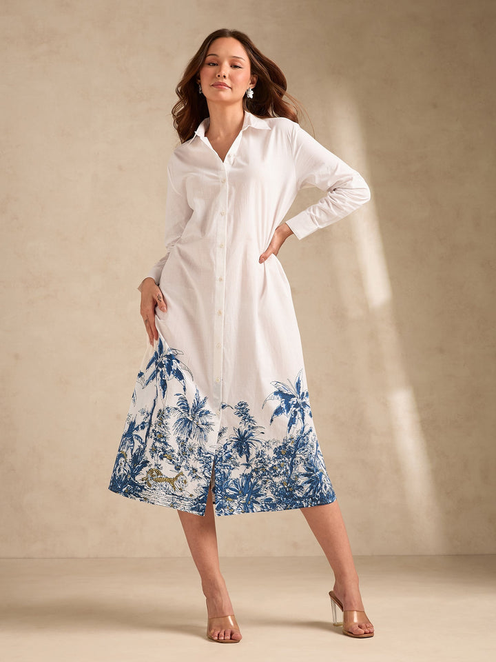 Off White Midi Printed Shirt Dress