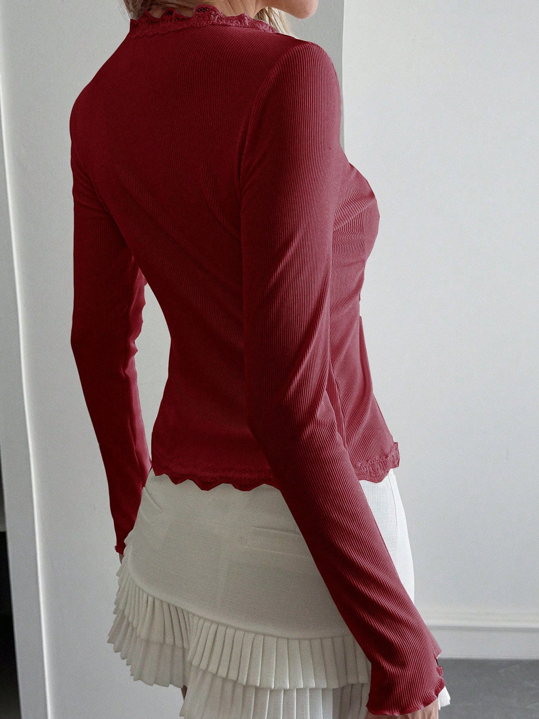 Burgundy Full Sleeve Scallop Hem Top