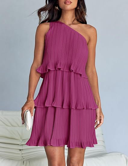 Magenta One Shoulder Three Tiered Pleated Dress