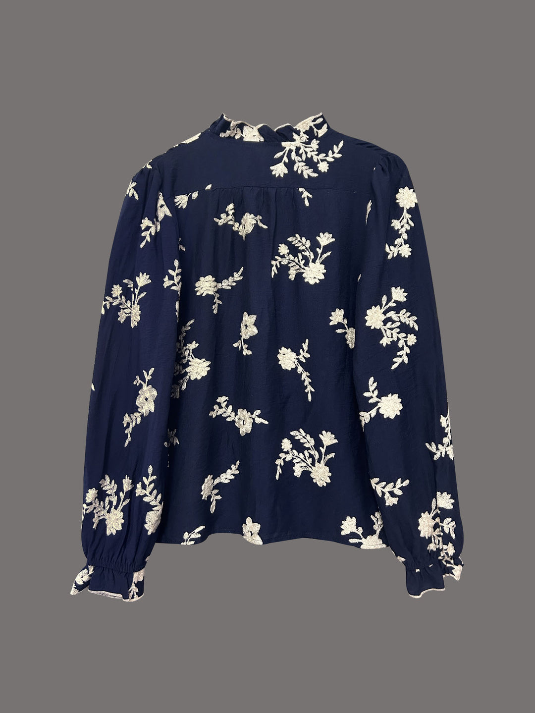 Navy Blue Bishop Sleeve Front Buttoned Embroidered Top