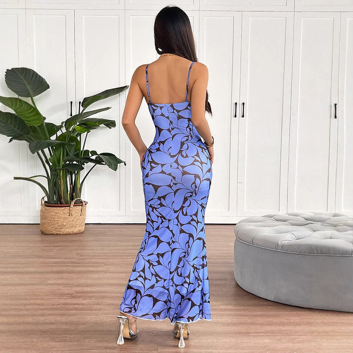 Navy Blue Strappy Printed Maxi Dress