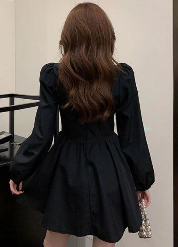 Black Square Neck Full Sleeve Fit And Flare Dress
