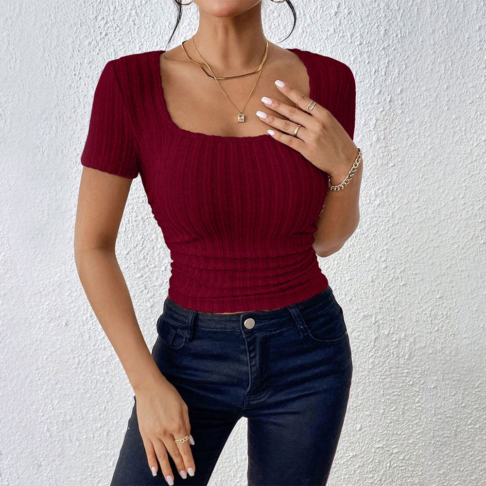 Wine Textured Knit Short Sleeve Top