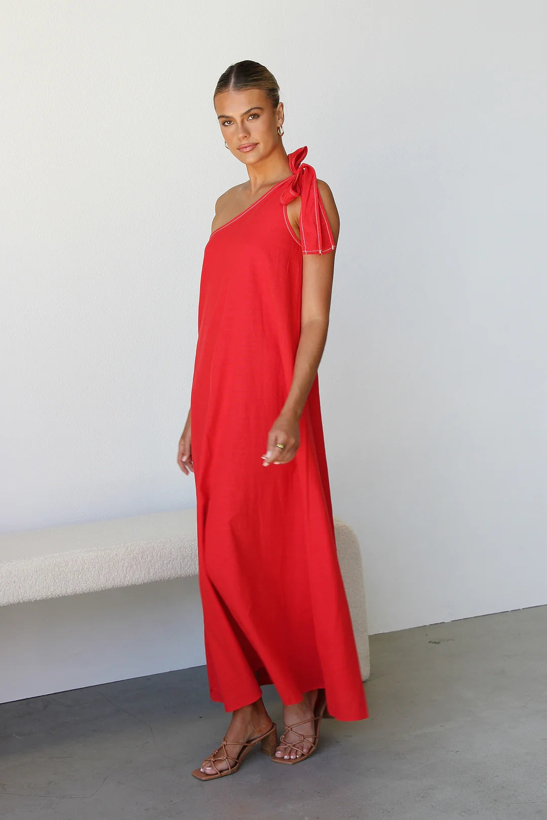 Red  One Shoulder Tie-Up Dress