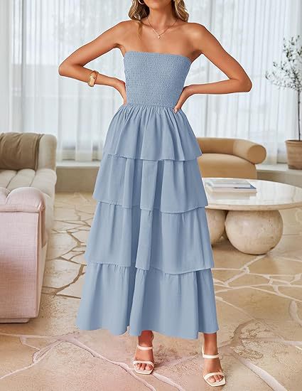 Blue Tube Smoked Dress With Ruffled Layers