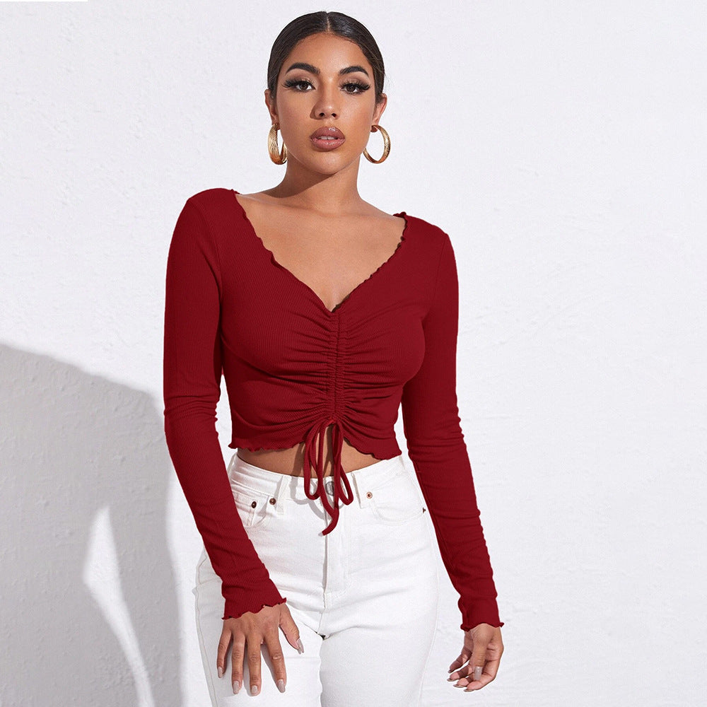Red Full Sleeved V-Neck Ruched Top