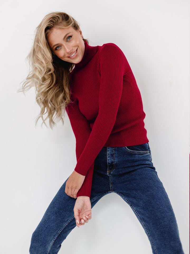 Burgundy High Neck Fitted Sweater