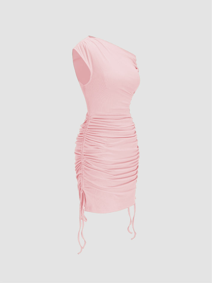 Pink One Shoulder Side Ruched Dress