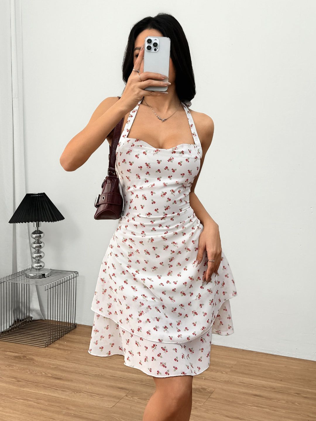 White Printed Halter Neck Double Flap  Dress