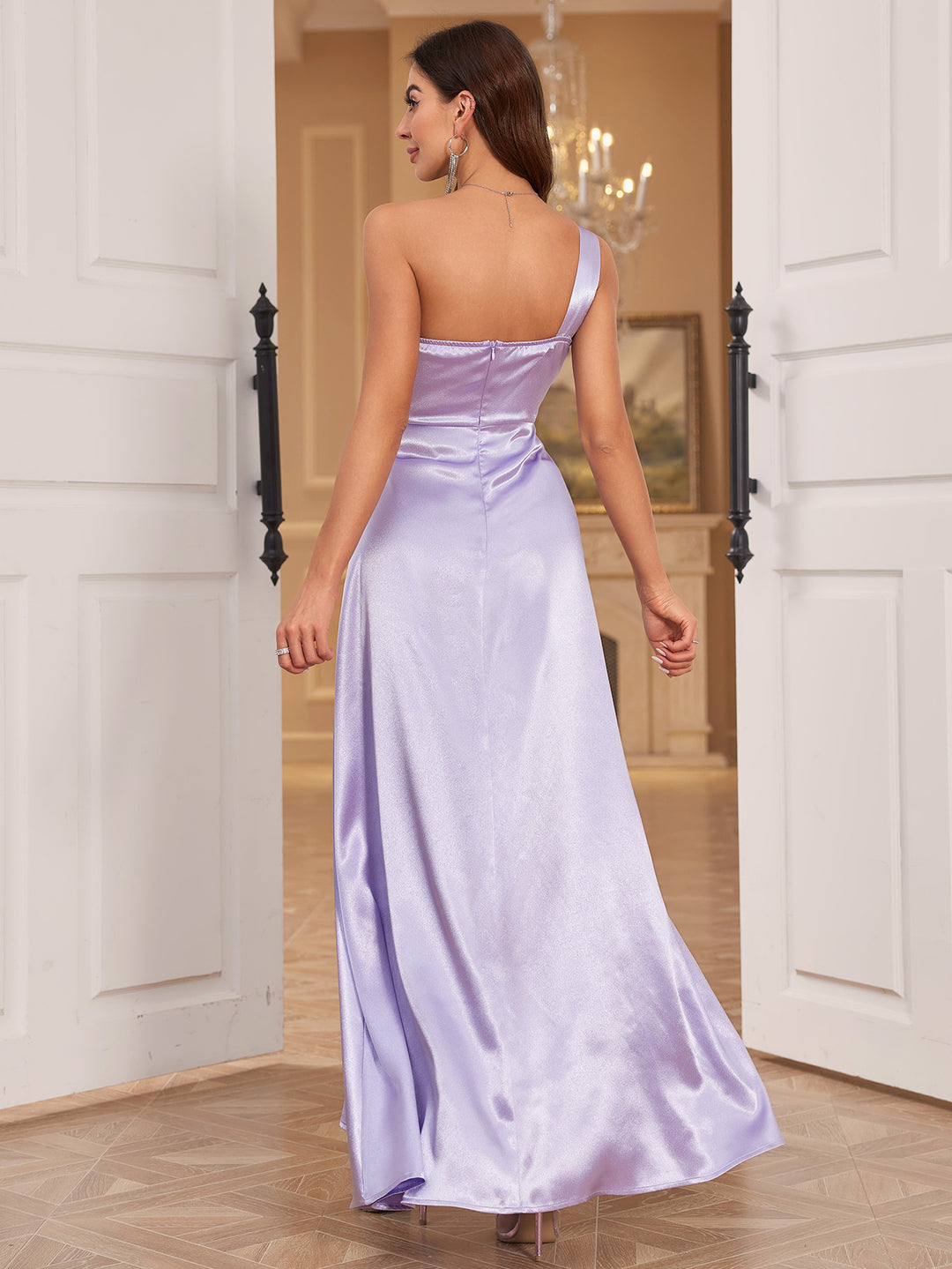 Purple One Shoulder Satin Maxi Dress with Side Slit