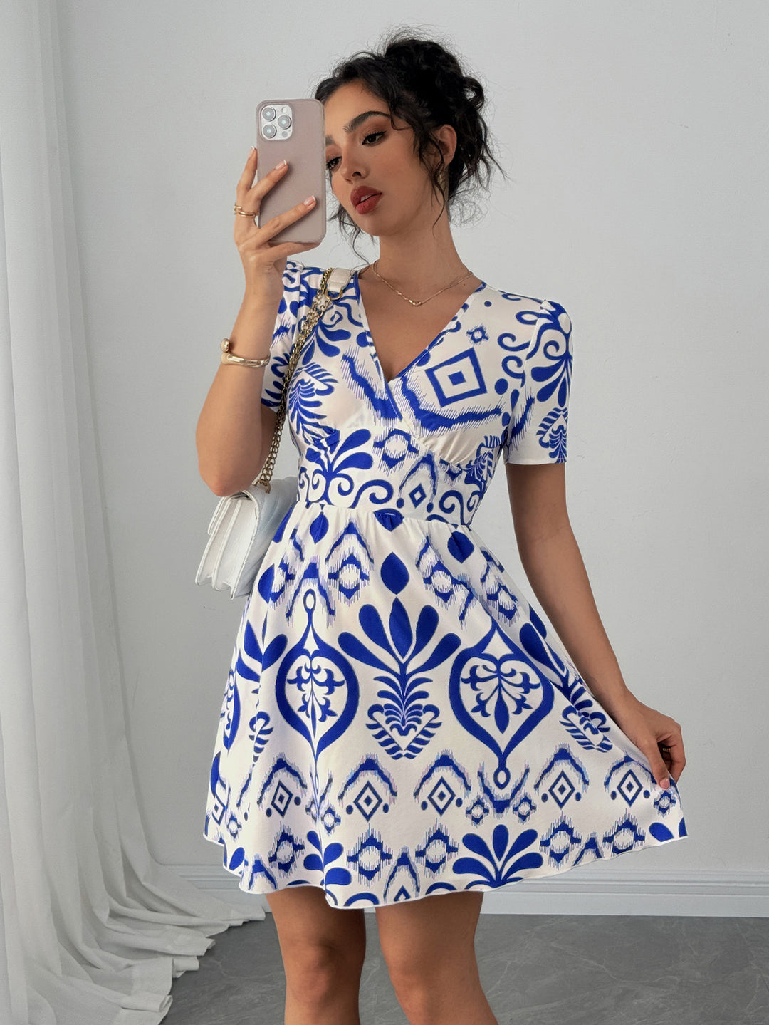 Blue V-Neck Waist Fit Dress