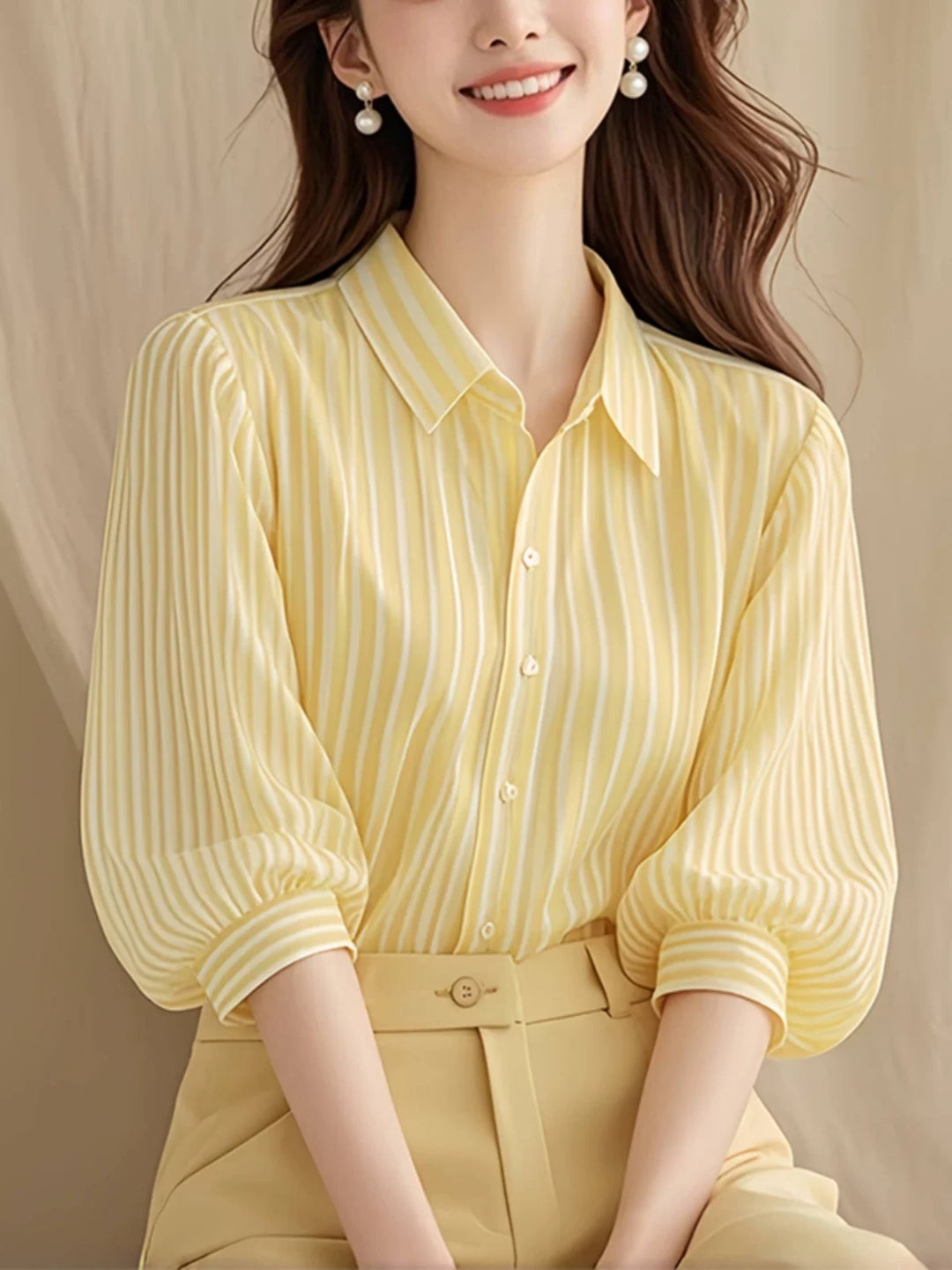 Yellow Striped Shirt With Balloon Sleeves