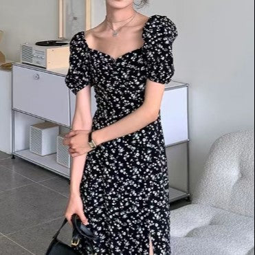 Black Dress With Smocking Slit And Puff Sleeves Detailing