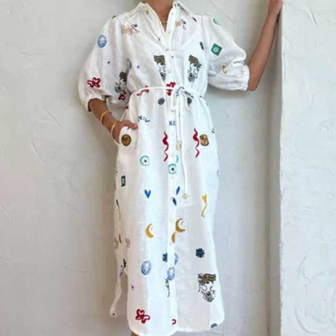 White Printed Linen Shirt Dress