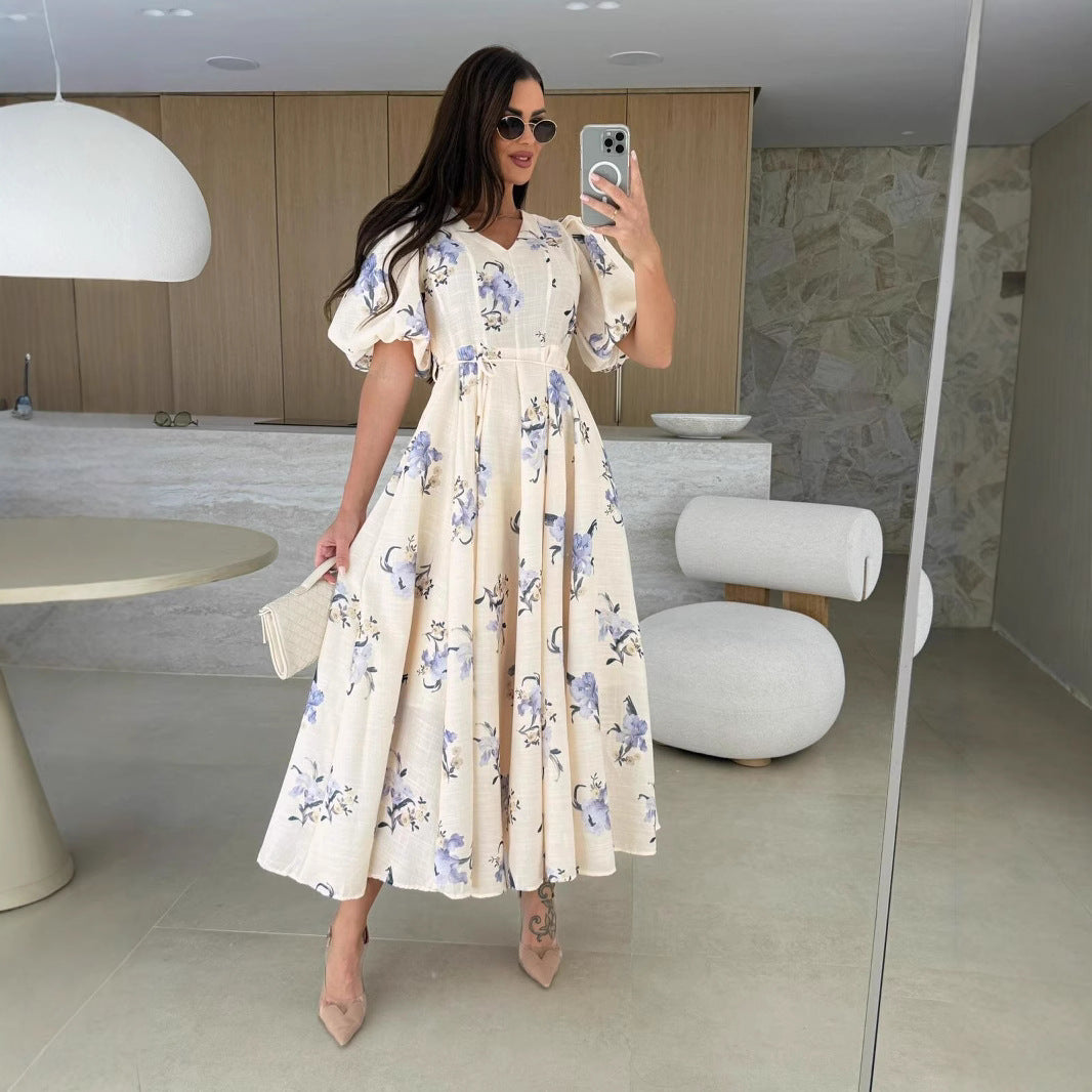 White Puff Sleeved Printed Dress