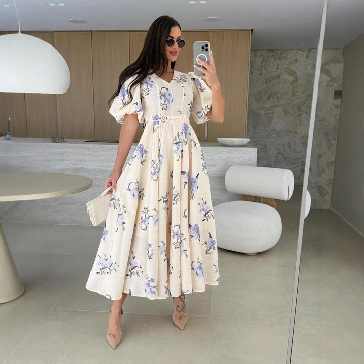 White Puff Sleeved Printed Dress