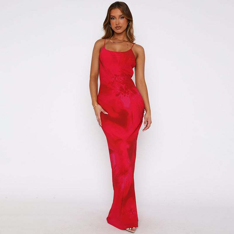 Red Spaghetti Strap Printed Bodycon Maxi Dress