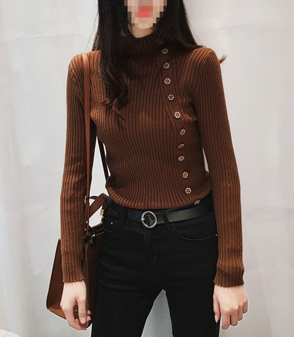 Brown Full Sleeve Button Trim Fitted Sweaters