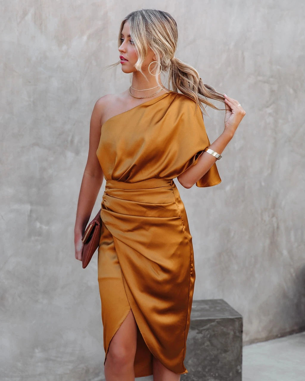 Mustard One Shoulder Sleeve Asymmetrical Dress