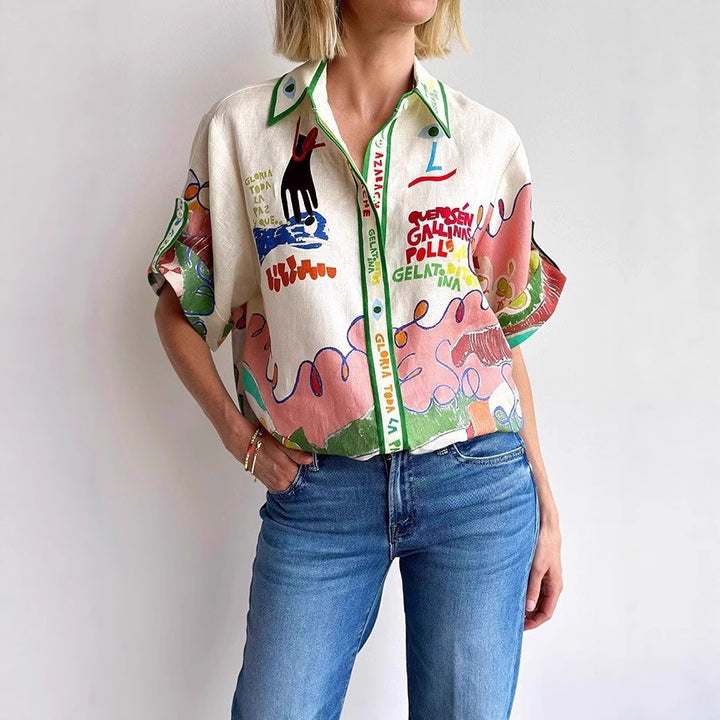 White Abstract Print Short Sleeve Shirt
