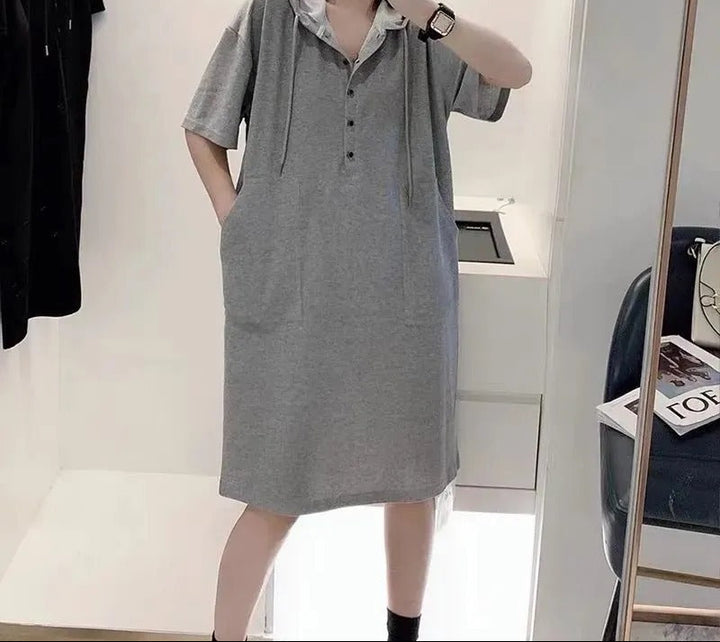 Grey T-Shirt Dress with Hoodies