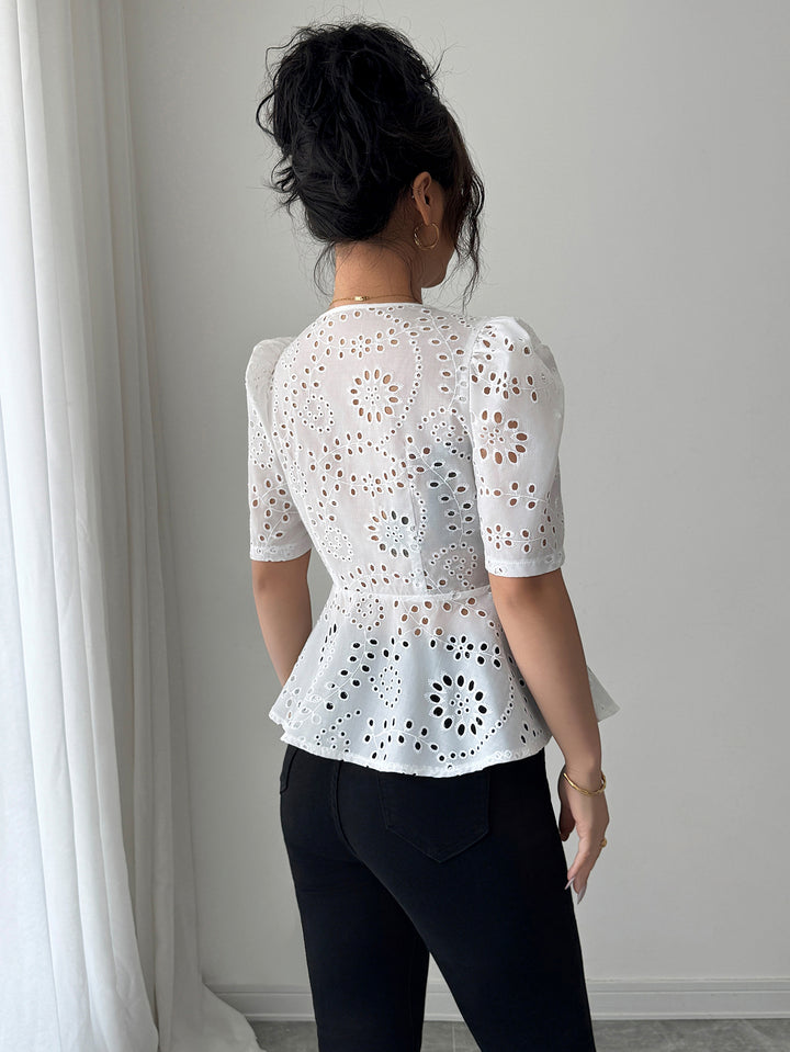 White Schiffly Peplum Top