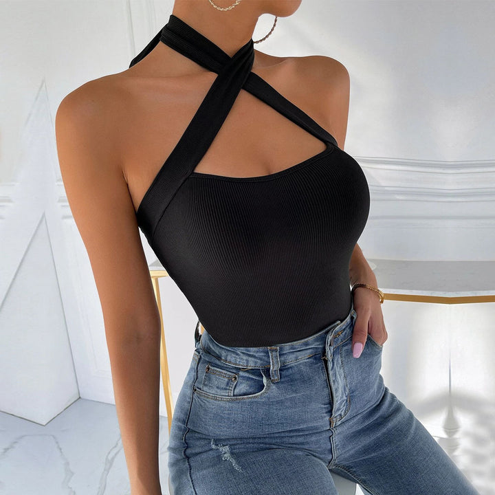 Black Cross Halter Fitted Top