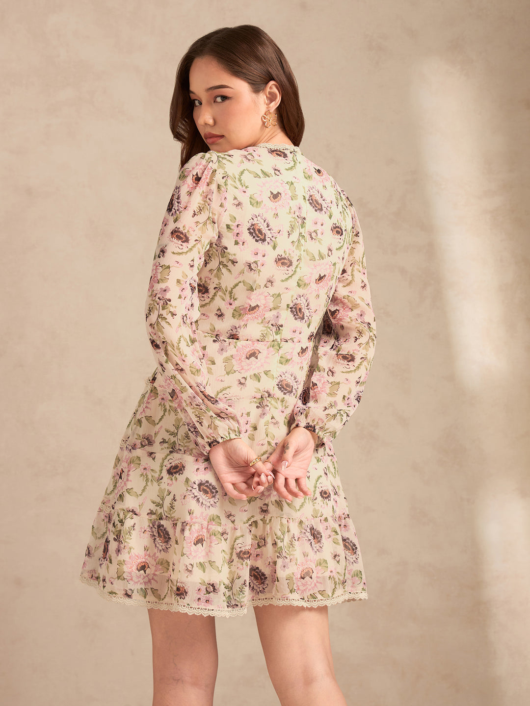 Multi Floral Printed Dress With Lace Detailing