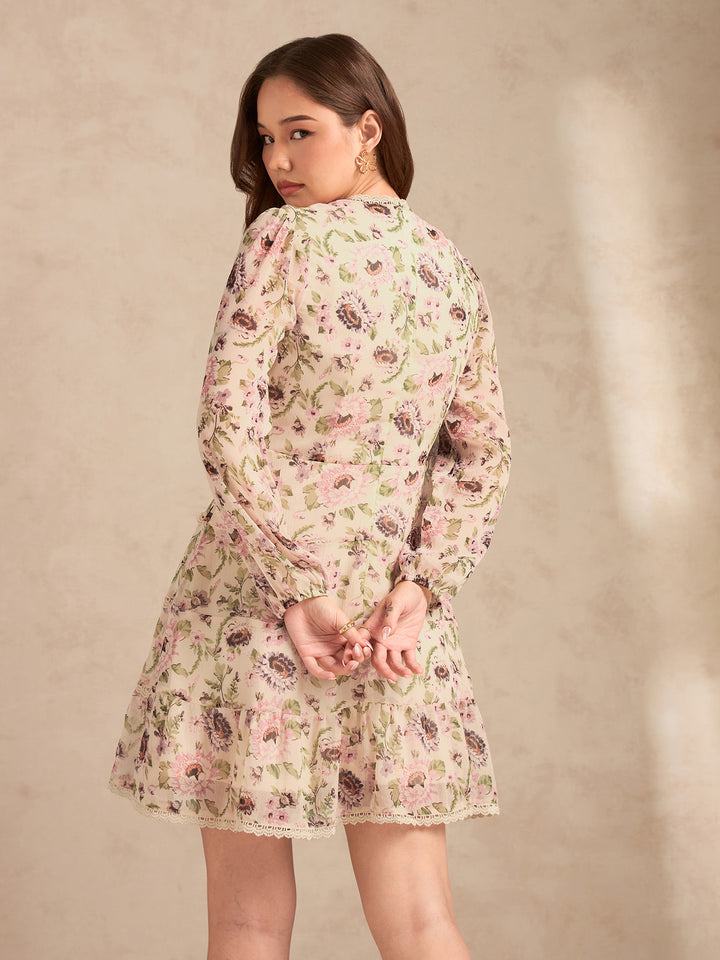 Multi Floral Printed Dress With Lace Detailing